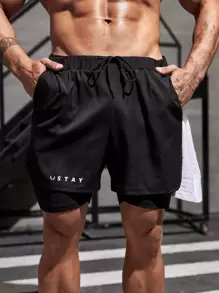 Manfinity Fitness Boyfriend Style Men Letter Graphic 2 In 1 Sports Shorts & Towel Loop Gym Shorts - Black - View 4