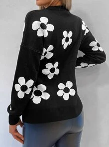 RueChic Floral Pattern Drop Shoulder Jumper - Black - View 2