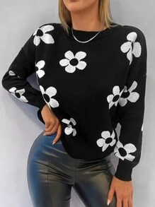 RueChic Floral Pattern Drop Shoulder Jumper - Black - View 3