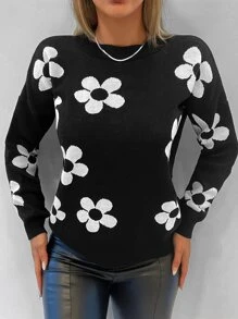 RueChic Floral Pattern Drop Shoulder Jumper - Black - View 4