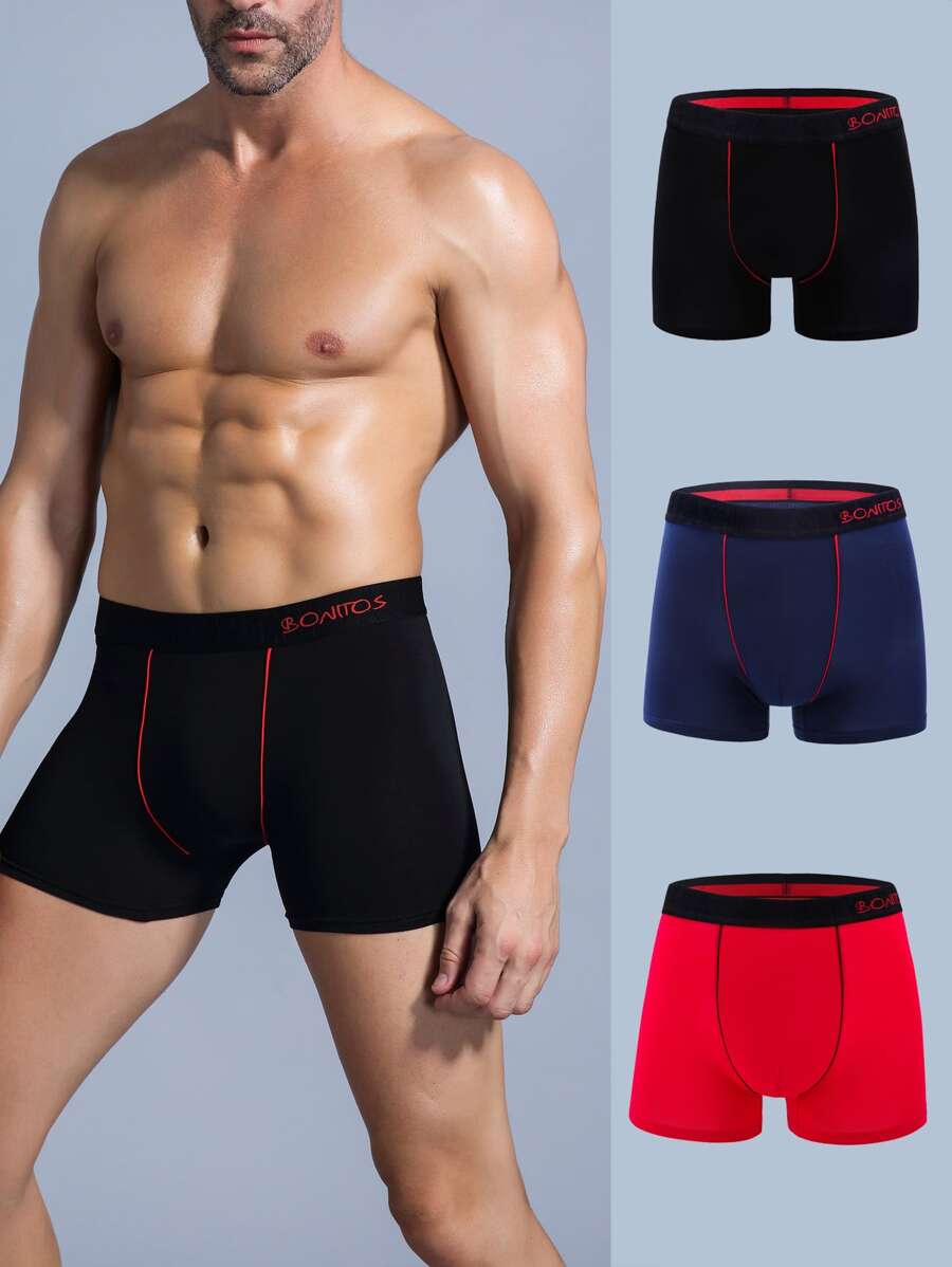 Hombres 3 piezas Calzoncillos boxer con estampado de letra - Negro - Ver 1
