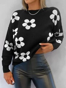 RueChic Floral Pattern Drop Shoulder Jumper - Black - View 5