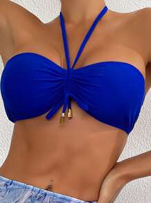 Halter Summer Beach Bikini Set With Marble Print Drawstring Side Beach Skirt - Blue and White - View 3