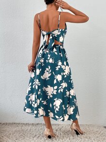 SHEIN Frenchy Floral Print Tie Back Cami Dress Summer Flower Beach - Teal Blue - View 2