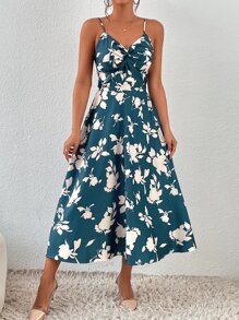 SHEIN Frenchy Floral Print Tie Back Cami Dress Summer Flower Beach - Teal Blue - View 3