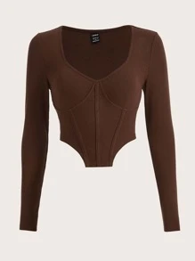SHEIN EZwear Áo thun nữ Bất đối xứng Gân đan màu trơn Gợi cảm - Màu nâu Sô-cô-la - Xem 1