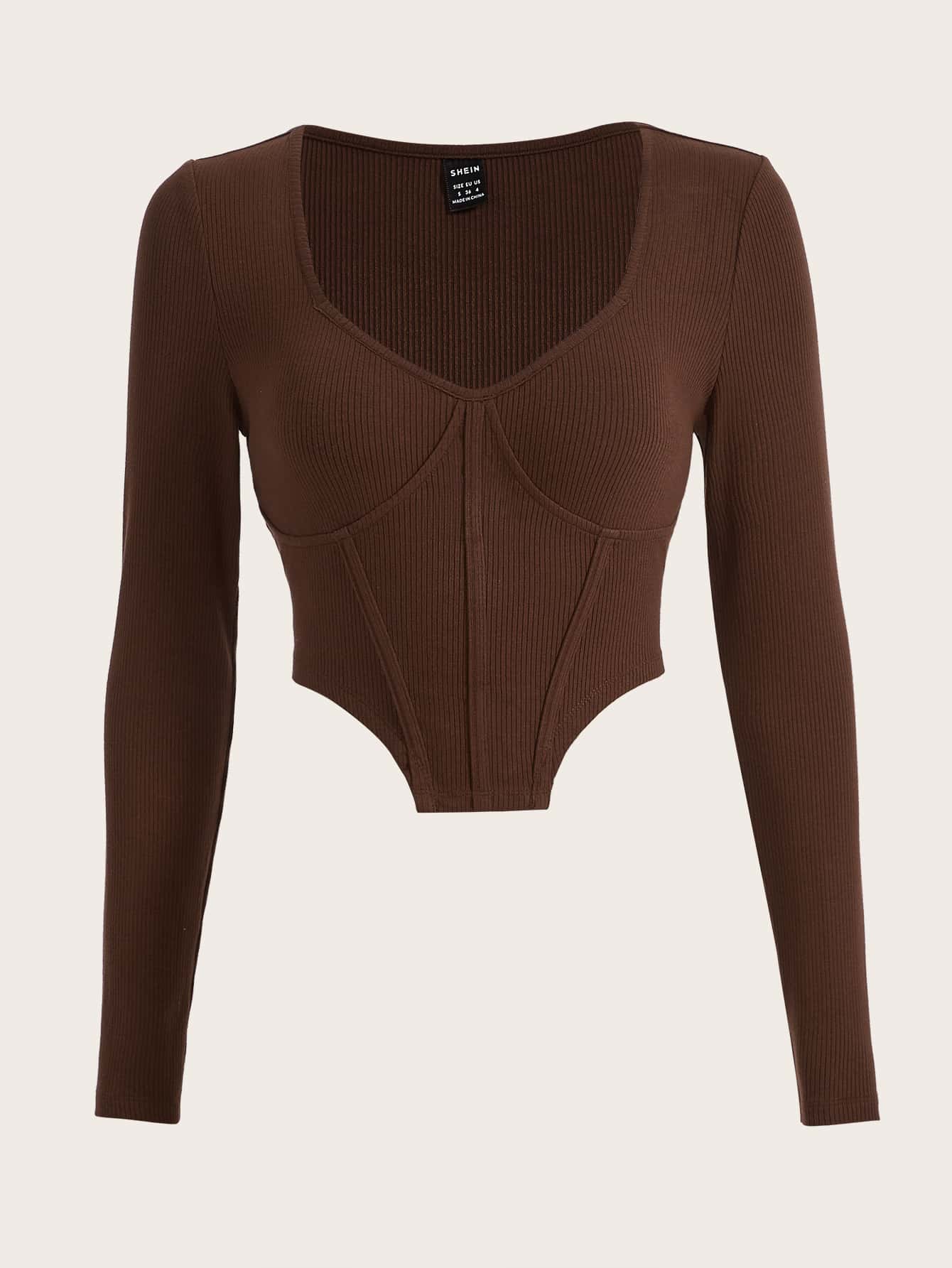 SHEIN EZwear Áo thun nữ Bất đối xứng Gân đan màu trơn Gợi cảm - Màu nâu Sô-cô-la - Xem 1