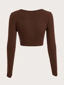 SHEIN EZwear Áo thun nữ Bất đối xứng Gân đan màu trơn Gợi cảm - Màu nâu Sô-cô-la - Xem 2