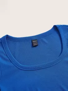SHEIN EZwear Autumn And Winter Royal Blue Thin Pit Strips Square Neck Long Sleeves Slim Fit Crop Tee - Royal Blue - View 5