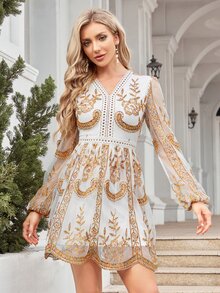 Randomly Cut Multi-Color Embroidery Thread Lace Spliced V-Neck Cocktail Dress - Multicolor - View 6