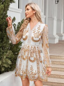 Randomly Cut Multi-Color Embroidery Thread Lace Spliced V-Neck Cocktail Dress - Multicolor - View 7