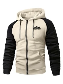 Manfinity Homme 男士字母圖案撞色插肩袖抽繩加絨內裏連帽衫不帶T恤 - 杏色 - 查看 1