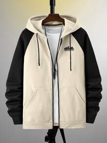 Manfinity Homme 男士字母圖案撞色插肩袖抽繩加絨內裏連帽衫不帶T恤 - 杏色 - 查看 3