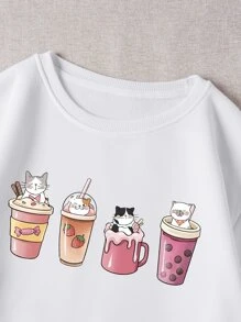 SHEIN EZwear Cartoon Print Drop Shoulder Thermal Lined Sweatshirt - White - View 5