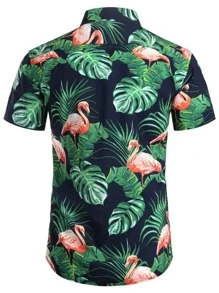 Men Flamingo & Tropical Print Shirt - Multicolor - View 2