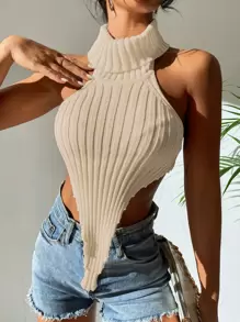 Chiquease Backless Halterneck Hanky Hem Crop Knit Top - Apricot - View 1