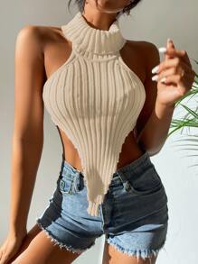 Chiquease Backless Halterneck Hanky Hem Crop Knit Top - Apricot - View 6