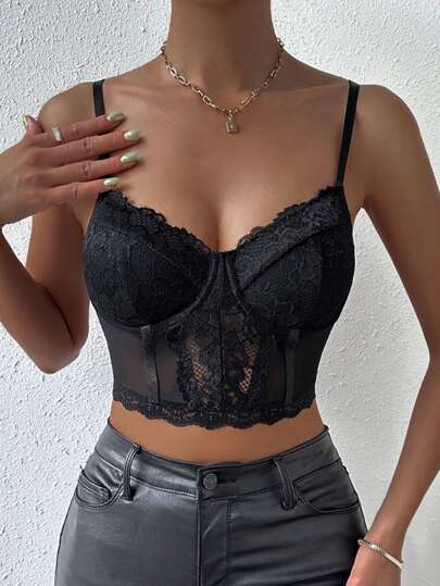 Top con bretelle sottile pizzo bustier cinturino regolabile