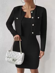 RosyDaze 2025 Autumn & Winter Women's Solid-Colored Knit Two - Piece Ensemble | Short - Sleeved Button - Detailed Crop Jacket + Alluring Spaghetti - Strap Bodycon Dress, Elevating Date & Commute Styles Fall Cloth For Women - Black - View 3