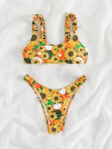 Conjunto de bikini de verano con estampado floral y fruncido para la playa - Multicolor - Ver 4