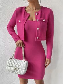 SHEIN Privé 素色吊帶緊身洋裝和前紐扣夾克 - 玫紅色 - 查看 3