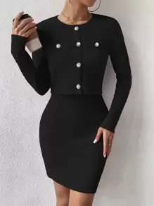 RosyDaze 2025 Autumn & Winter Women's Solid-Colored Knit Two - Piece Ensemble | Short - Sleeved Button - Detailed Crop Jacket + Alluring Spaghetti - Strap Bodycon Dress, Elevating Date & Commute Styles Fall Cloth For Women - Black - View 5