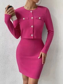 SHEIN Privé 素色吊帶緊身洋裝和前紐扣夾克 - 玫紅色 - 查看 5