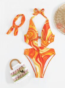 Swim SXY Bãi biển mùa hè Allover Print Cut Out Halter Bộ đồ tắm một mảnh có dây buộc tóc - Nhiều màu - Xem 7