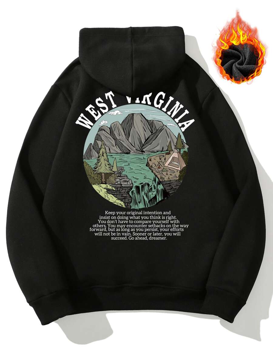 Manfinity Hypemode Áo nỉ có mũ trùm đầu in khẩu hiệu leo núi thường ngày cho nam, Thu/Đông - màu đen - Xem 1