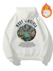 Manfinity Homme Men Mountain & Slogan Graphic Kangaroo Pocket Drawstring Thermal Hoodie - White - View 1