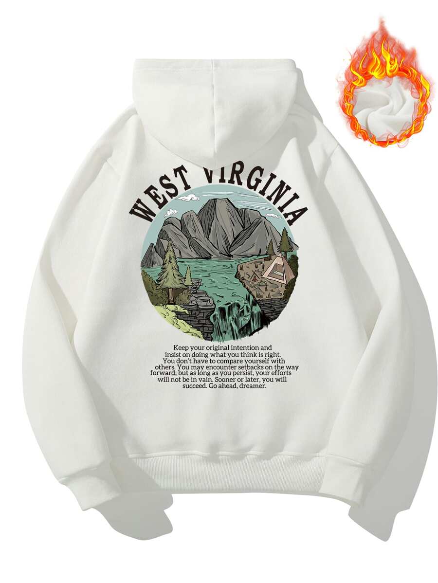 Manfinity Homme Men Mountain & Slogan Graphic Kangaroo Pocket Drawstring Thermal Hoodie - White - View 1