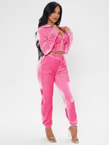SHEIN SXY Zip Up Drawstring Velvet Hooded Jacket & Sweatpants - Pink - View 5