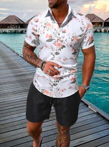 Manfinity RSRT Men Floral Print Shirt & Drawstring Waist Shorts - Black and White - View 1