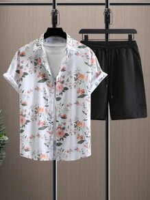 Manfinity RSRT Men Floral Print Shirt & Drawstring Waist Shorts - Black and White - View 3