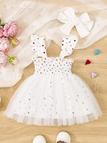 Bebé Vestido de tirantes de lunares ribete con fruncido bajo con malla con diadema - Blanco - Ver 1