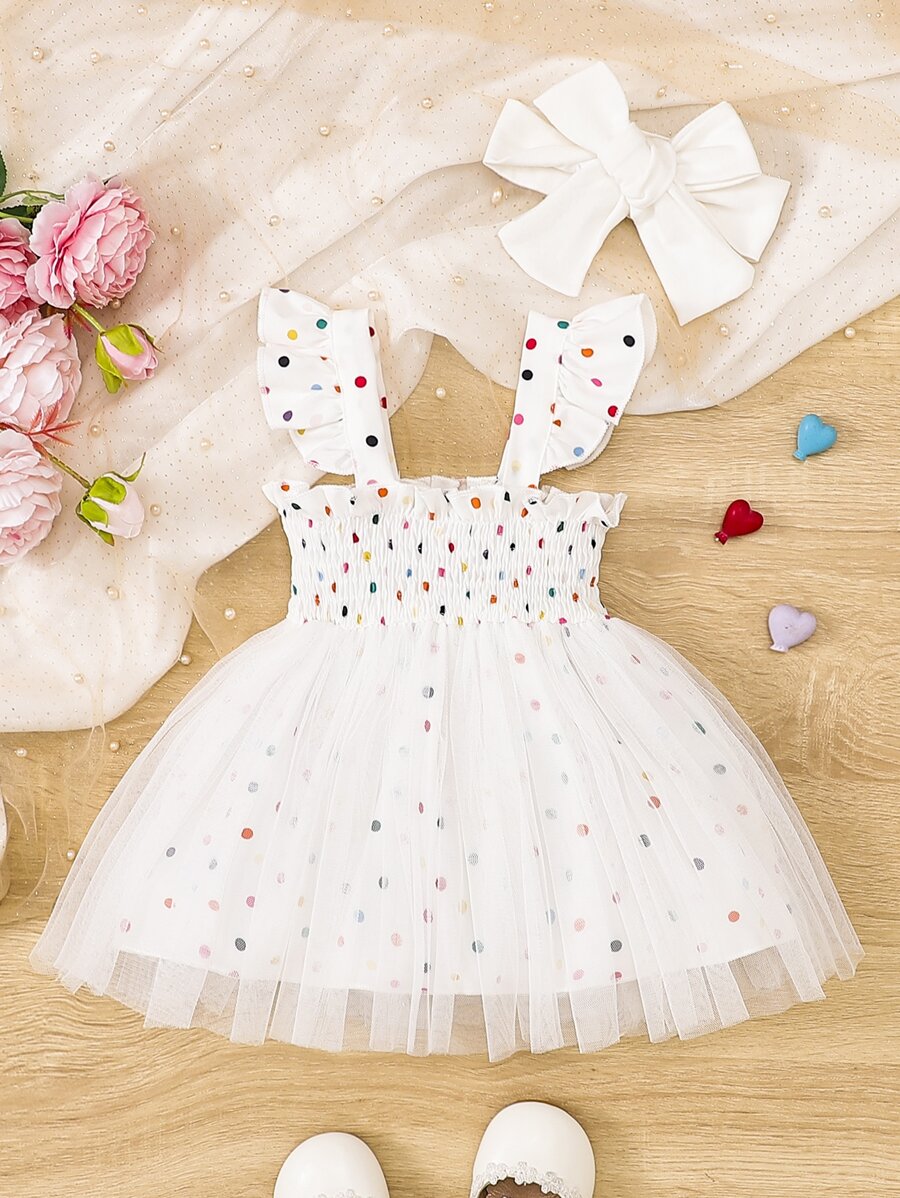 Bebé Vestido de tirantes de lunares ribete con fruncido bajo con malla con diadema - Blanco - Ver 1