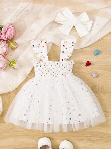 Bebé Vestido de tirantes de lunares ribete con fruncido bajo con malla con diadema - Blanco - Ver 2