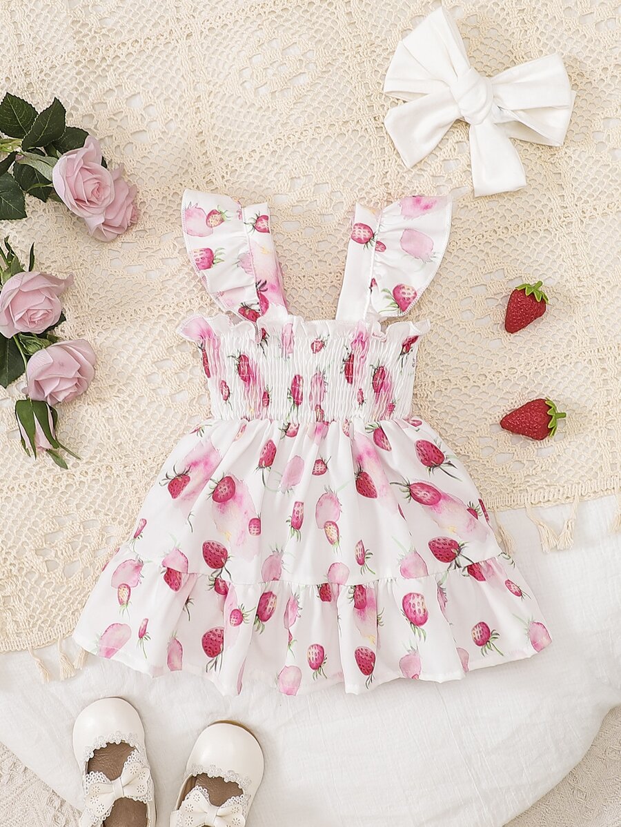 Baby Girl Casual Strawberry Print Dress, Summer - White - View 1