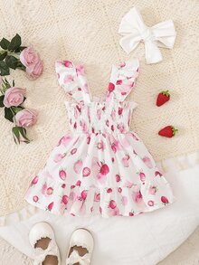 Baby Girl Casual Strawberry Print Dress, Summer - White - View 2