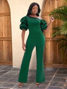 Áo liền quần nữ Bất đối xứng Xù Dây kéo màu trơn Thanh lịch - Màu xanh lá cây đậm - Xem 3