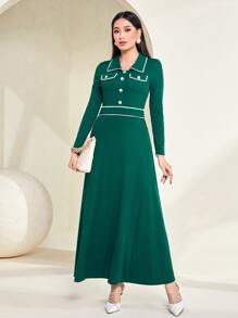Modelyn Contrast Trim Button Front Dress - Dark Green - View 1