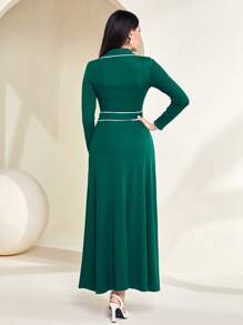 Modelyn Contrast Trim Button Front Dress - Dark Green - View 2
