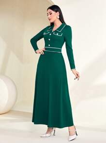 Modelyn Contrast Trim Button Front Dress - Dark Green - View 3
