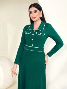 Modelyn Contrast Trim Button Front Dress - Dark Green - View 4