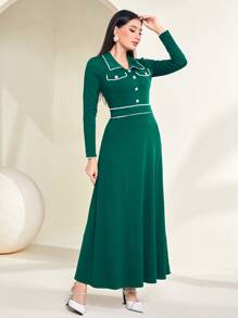 Modelyn Contrast Trim Button Front Dress - Dark Green - View 6
