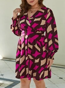 SHEIN Clasi Vestido con estampado geométrico de manga farol - Multicolor - Ver 1