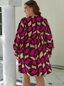 SHEIN Clasi Vestido con estampado geométrico de manga farol - Multicolor - Ver 2