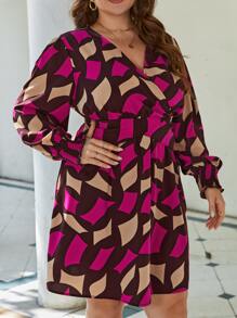 SHEIN Clasi Vestido con estampado geométrico de manga farol - Multicolor - Ver 3