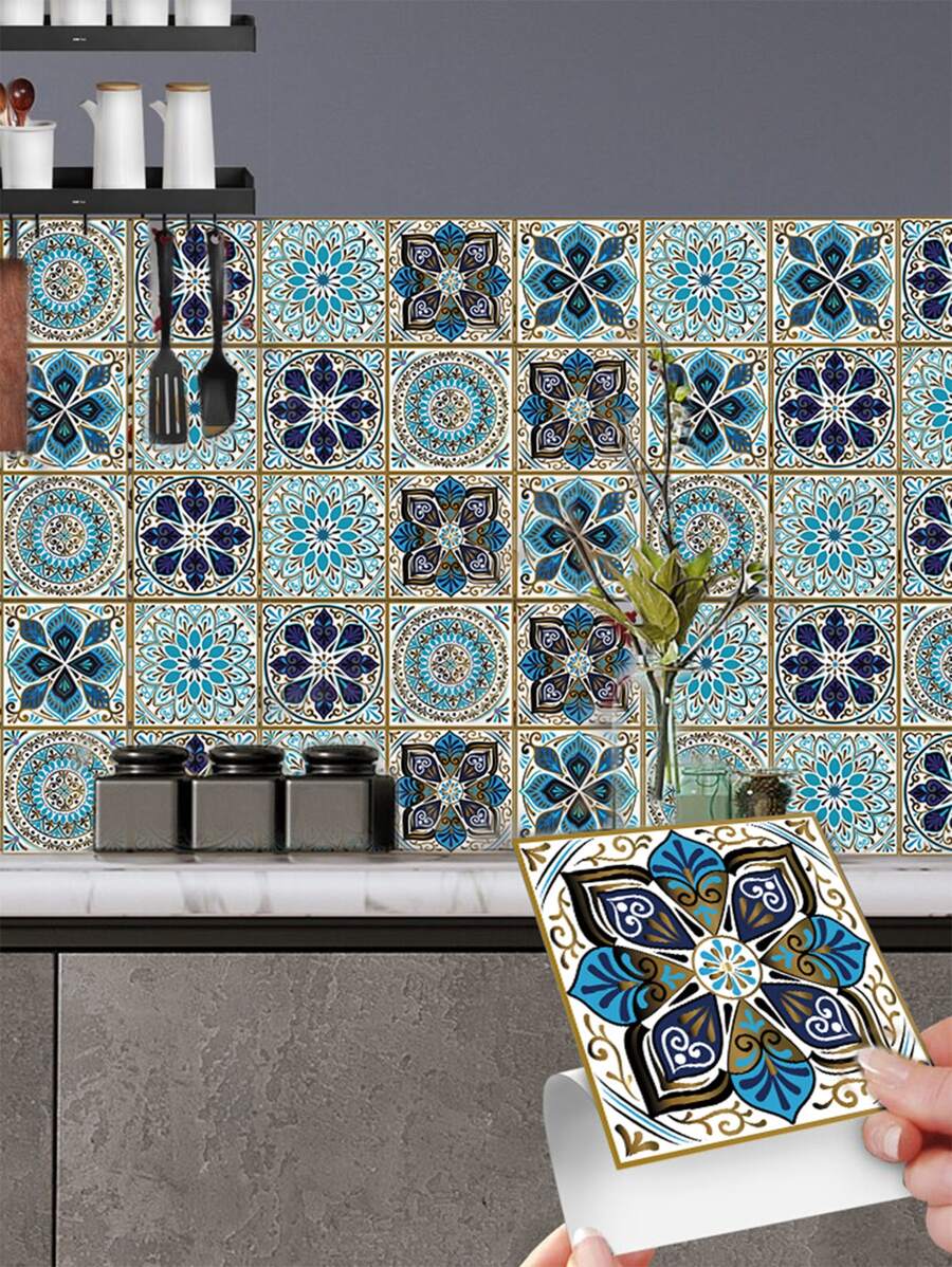 10入組曼陀羅圖案啞光瓷磚地板貼紙 - 彩色 - 查看 1