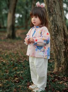 Niñitas 1 pieza conejo & con estampado de dibujos animados de manga raglán Top & 1 pieza Pantalones - Multicolor - Ver 1